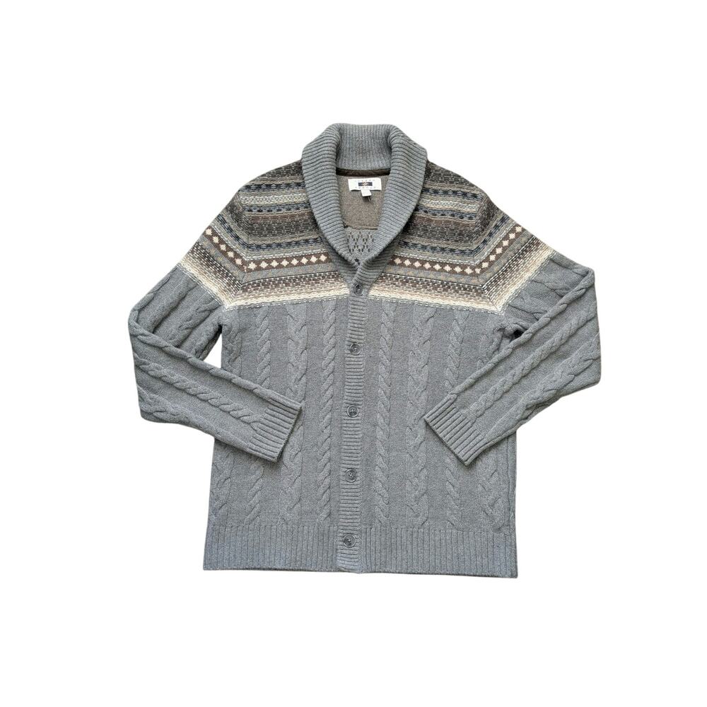 Joseph Abboud Cable Knit Fair Isle Cardigan Sweater Mens XL Gray Wool Heritage